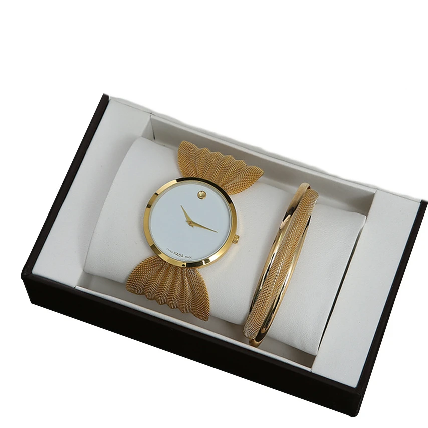 Charming Hollow Design Luxury Dubai Bridal Bracelet Watch Set For Women Hot Sale Indian Gold Bangle Quartz Watch Gift Jewelry