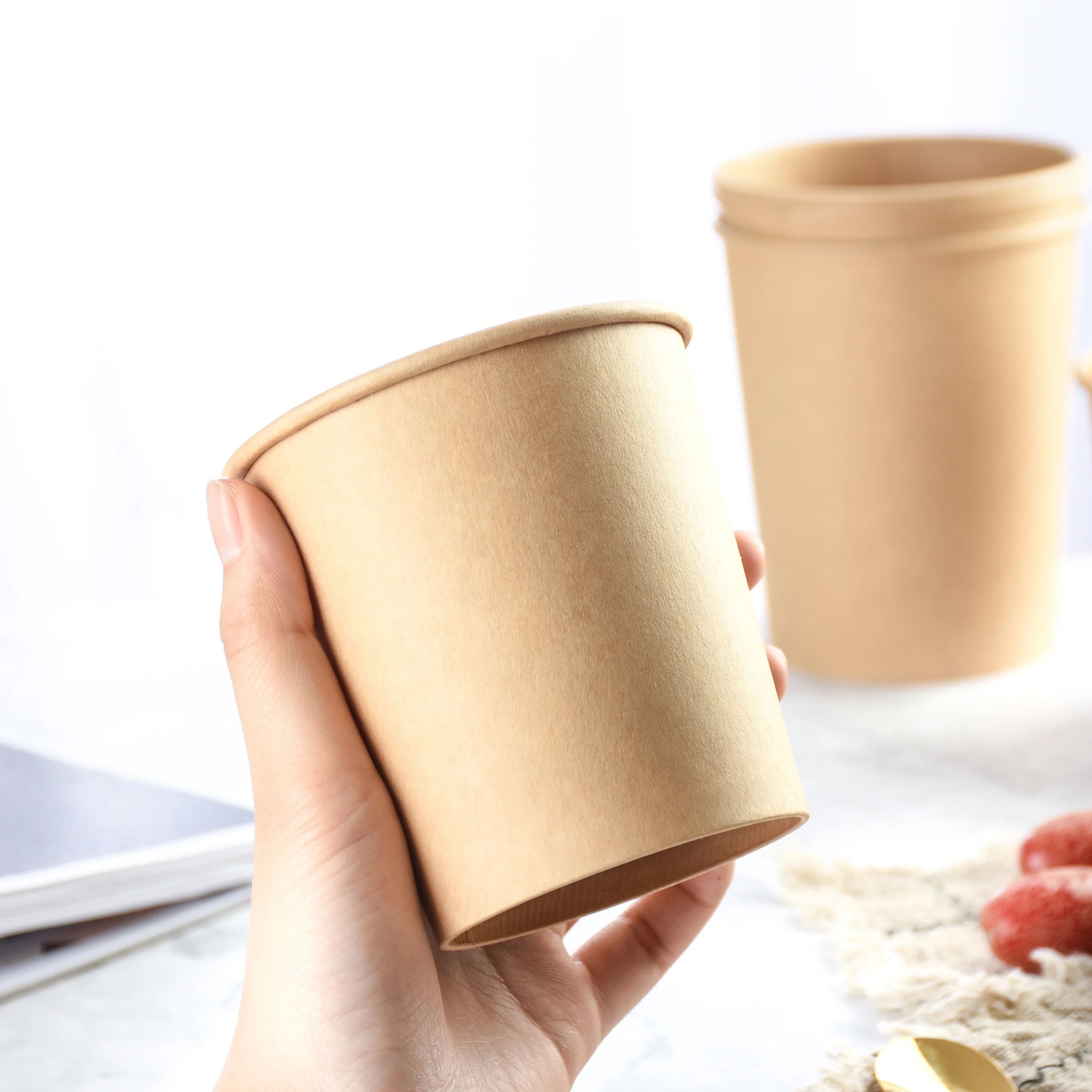 
Cheap Price Disposable Food Grade Different Sizes Kraft Paper Bowl with Paper Lid for Soup Salad Instant Noodles 