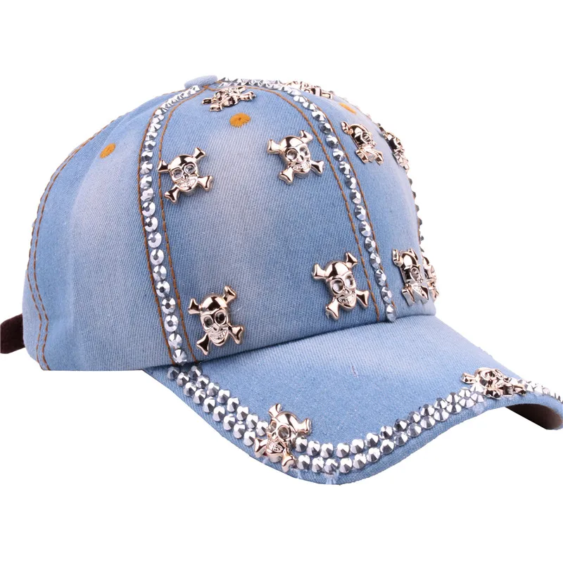 Custom Distressed Denim Cotton Bling Stones Studded Rhinestone Jeans Sports Baseball Hat Cap Sparkle Bling Skeleton Hat