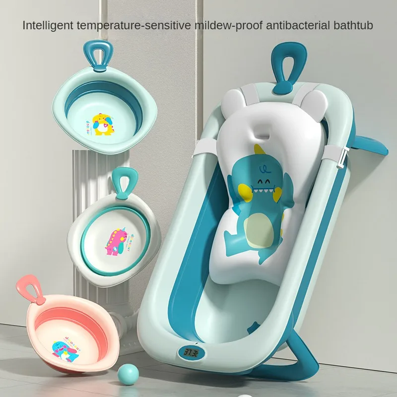 Folding Plastic Kids Bathtub Foldable Baby Bath Tubs Set Collapsible With Stand Temperature And Cushion For Infant Children