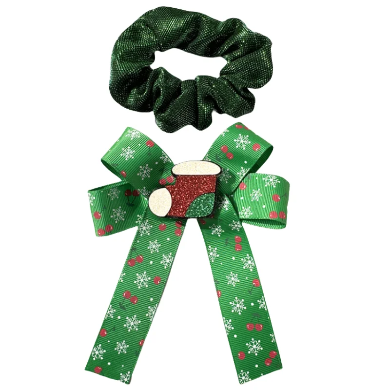 Christmas Hair Ties Ribbon Swallowtail Bow HairClip Elastic Bling Ponytail Holders Rope Holiday Accessories Kids Hair Scrunchies