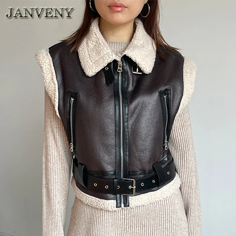 JANVENY 2024 New Winter Autumn Faux Shearling Short Waistcoat Women Lapel Collar Solid Zipper Brown Cropped Sleeveless Vest