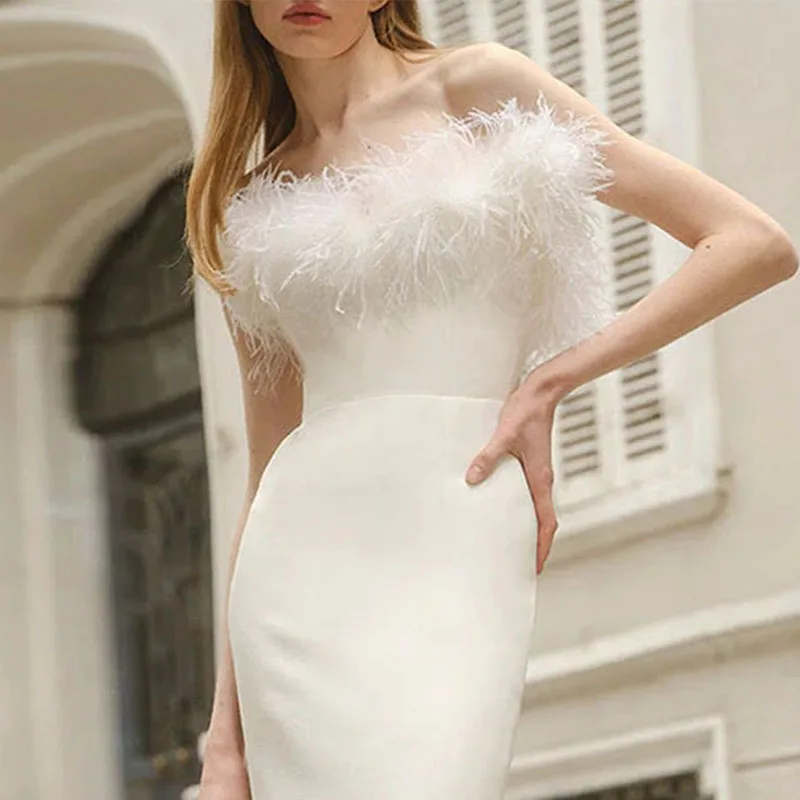 Женское вечернее платье с перьями страуса, платье макси без бретелек