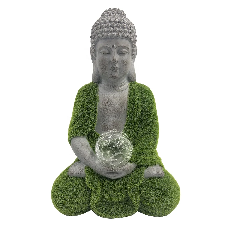 Hotsell OEM Zen fengshui home and garden decor artificial moss finished meditation resin buddha statue with Led glass ball