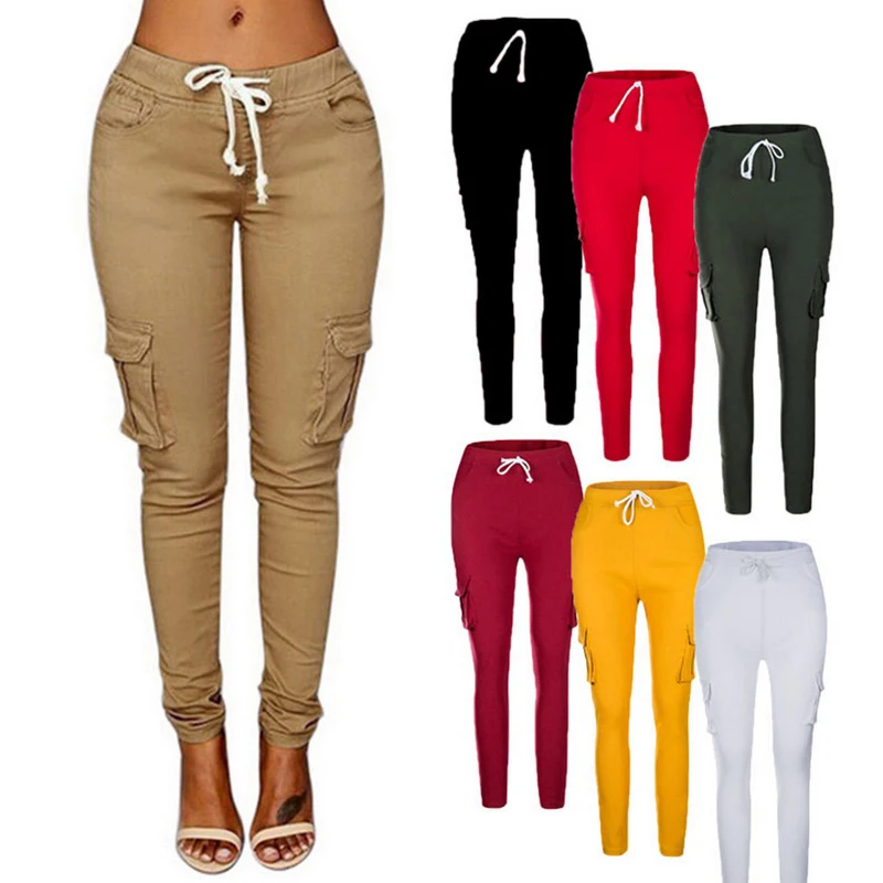 Fashion Pocket Legging Trousers For Women 2021 Drawstring Casual Woman High Waist Cargo Plus Size Long Pants