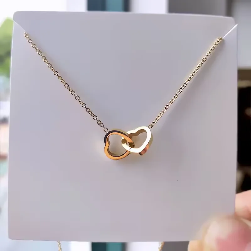 European and American 18k rose gold simple double ring love collarbone chain titanium steel non fading necklace