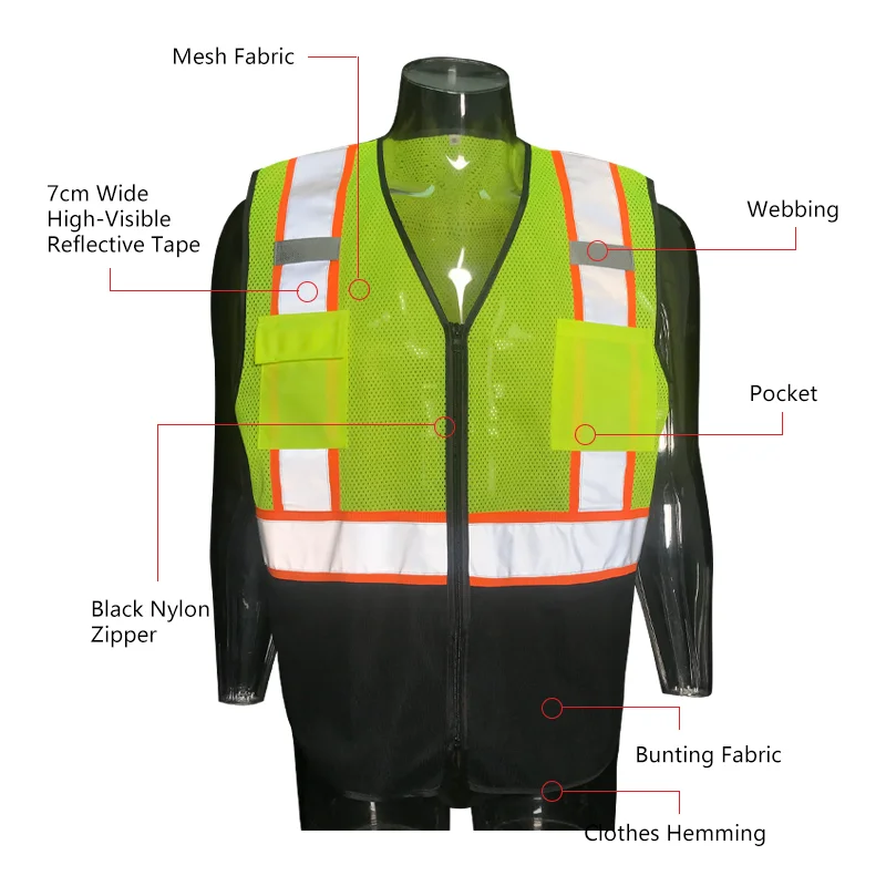OEM/ODM Class2 ANSI High Visibility 7cm Reflective Tape Safety Vest Breathable Anti-Fouling for Security Workwear