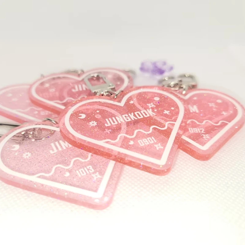 Custom Heart Glitter Acrylic Printing Keychain Multi-color Car Pendant Small Fresh Keychain