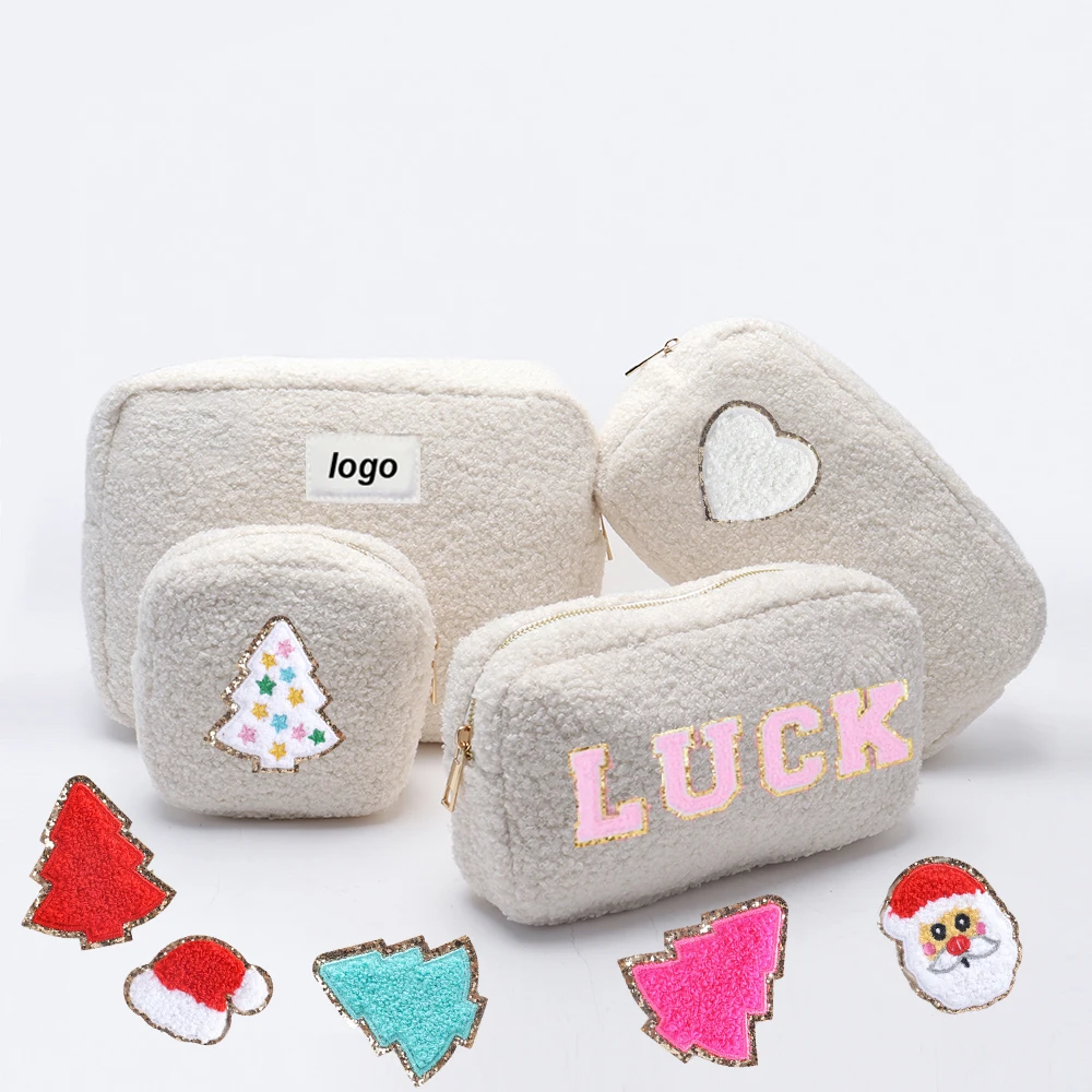 Fluffy Teddy Cute White Black Makeup Pouch Soft Fuzzy Pouches Portable Travel Zipper Plush Winter Sherpa Make up Cosmetic Bags