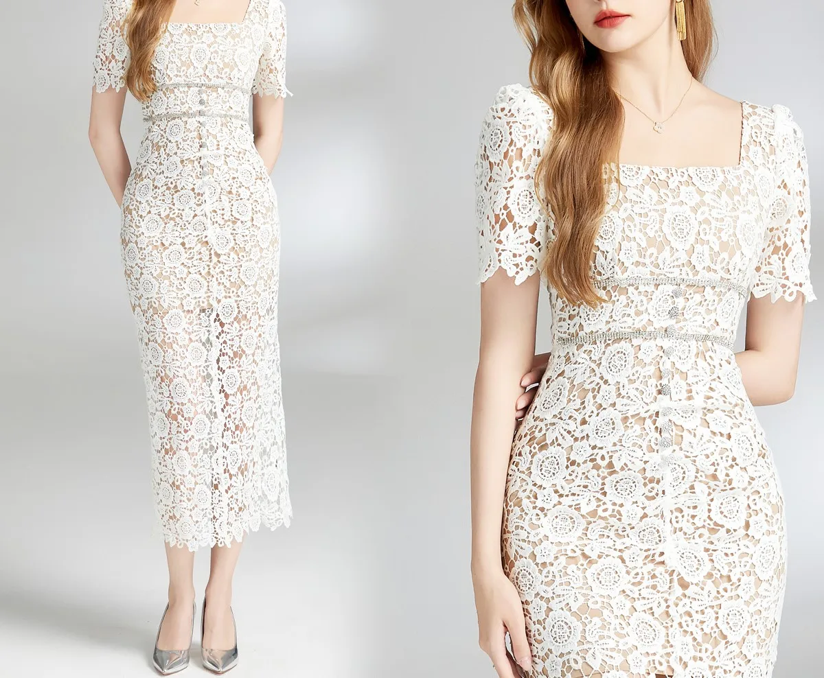 in stock sexy hip package slimming short sleeve dress flower hollow-out long lace evening dresses for women