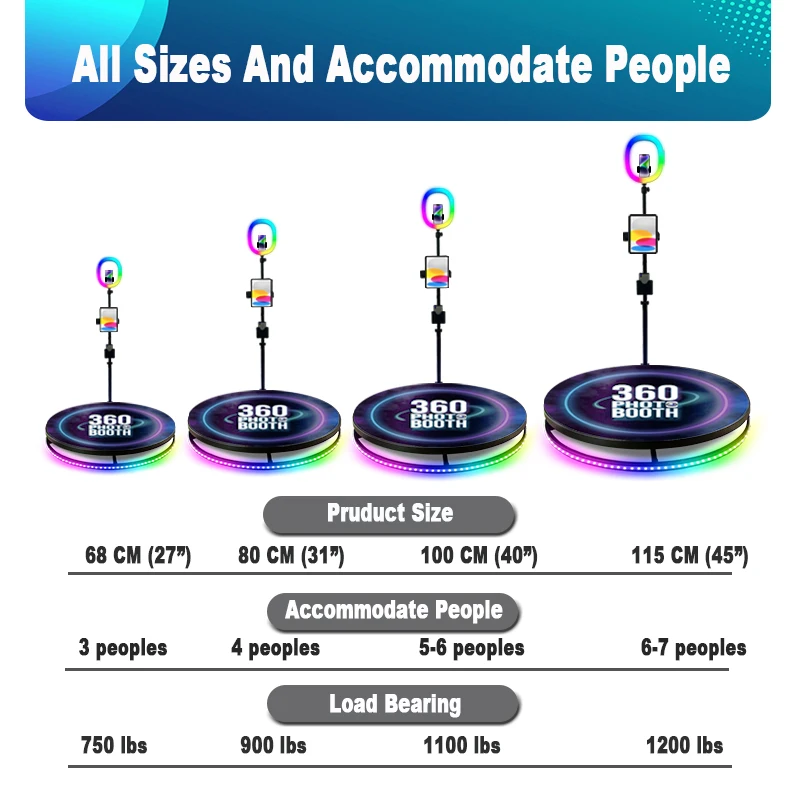 Metal 360 Photobooth Free Customization Of Logo Size Option Automatic 360 Degree Spin Video  For Party Led Light