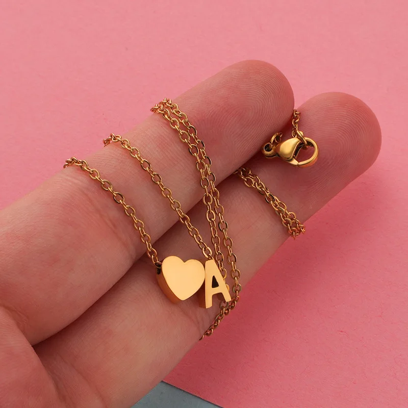 Wholesale high quality PVD 18K Gold Plated Stainless Steel Pendant Necklace heart 26 letter pendant couple necklace