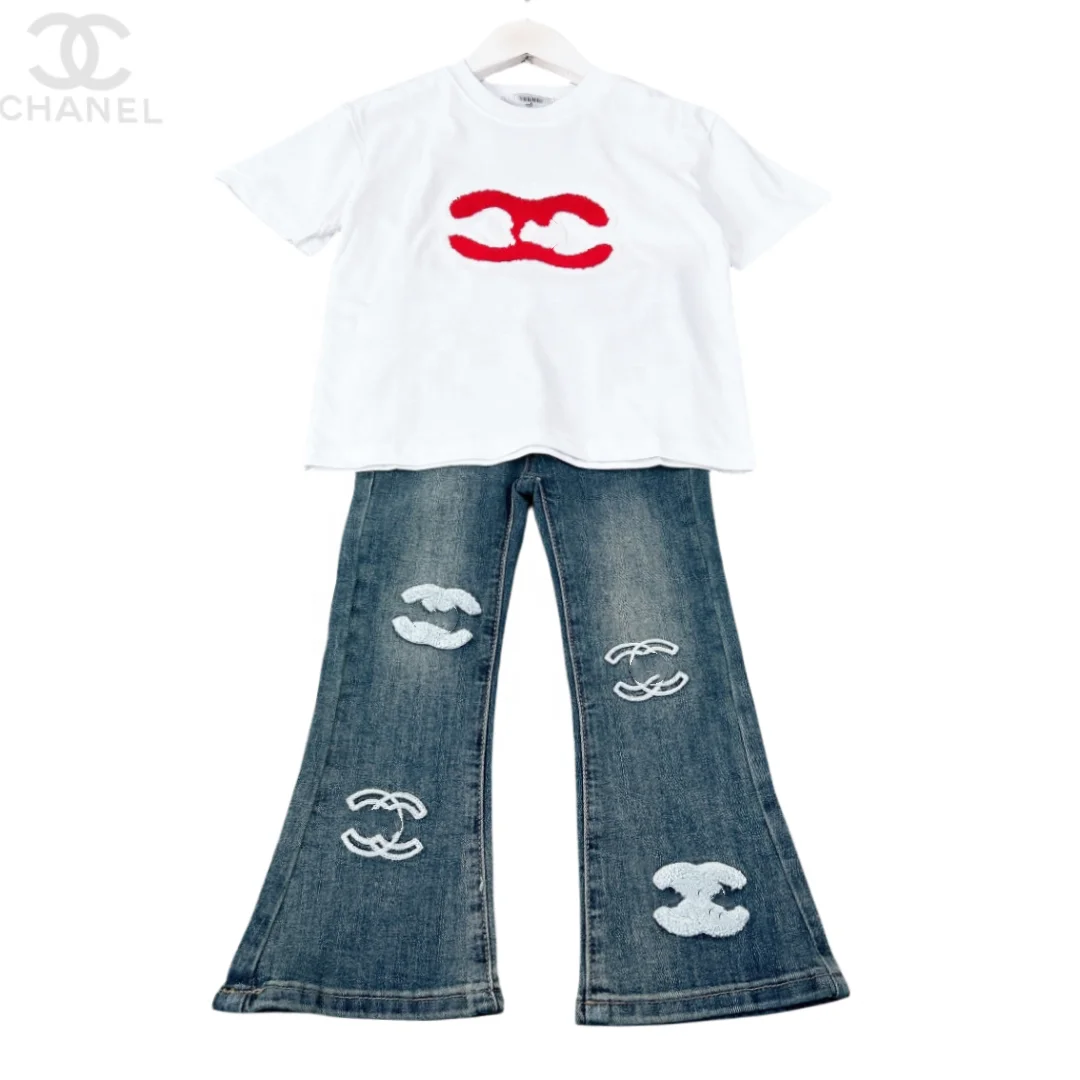 RUNTEN 2024 Wholesale Korean Style Fashion Summer Shirt+jeans 2pcs Cotton Casual Teenagers Girl Clothes Set