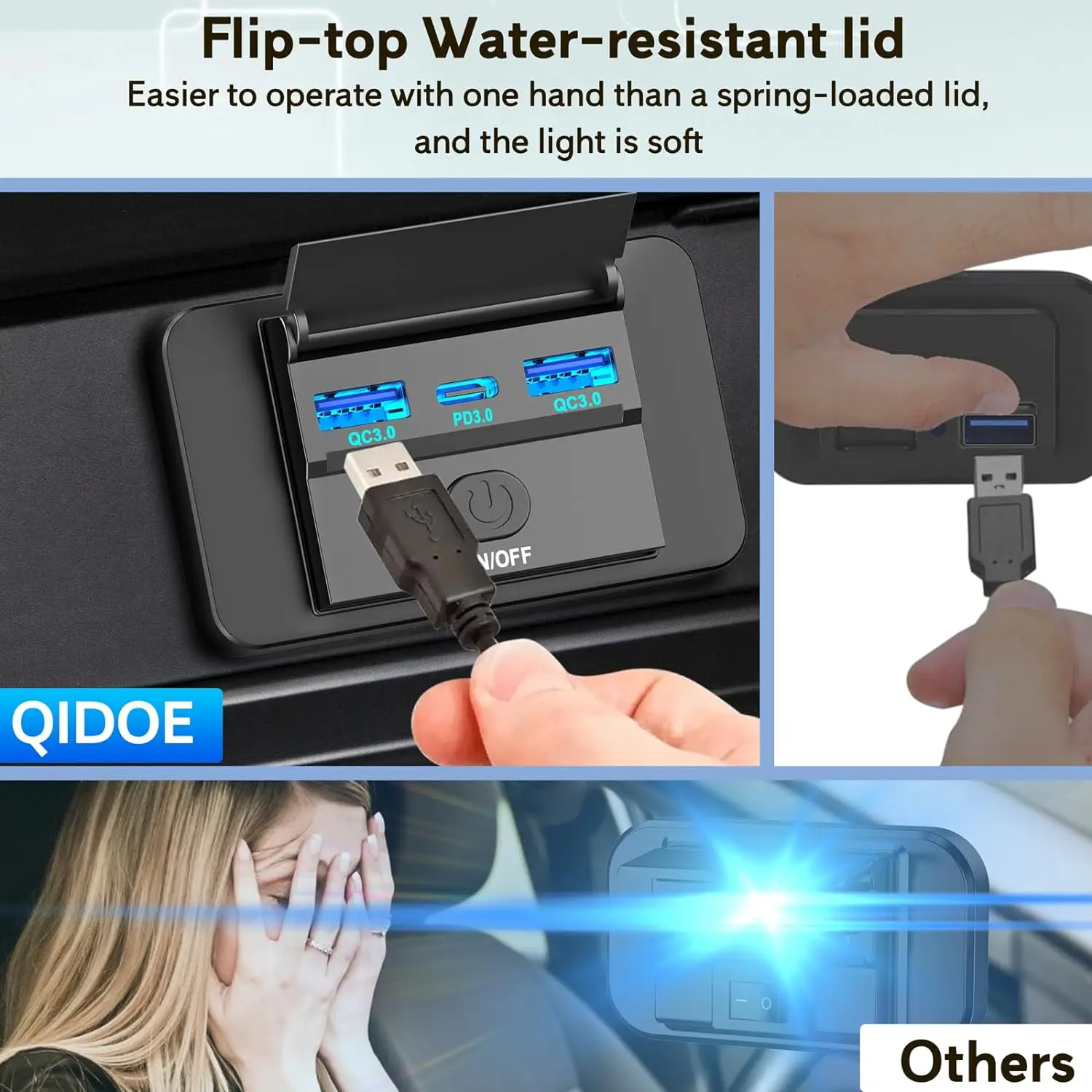 RV USB Outlet, Dual QC3.0 USB A & USB C Ports Charging Socket Panel with ON/Off Switch for 12V/24V Car Boat Truck