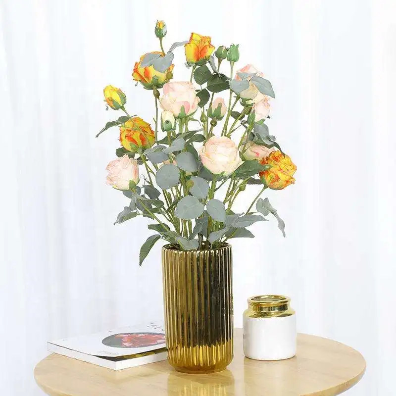 Oh Arts Factory Wholesale Artificial Potted Roses Flowers In Golden Ceramic Pots Suitable For Table Decoration