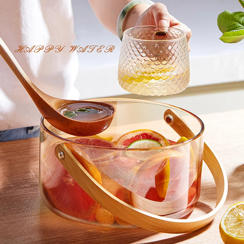 Wholesale Customized OEM Tempered Ice Bucket Stackable Glass Fruit Storage Basket With Wooden Handle