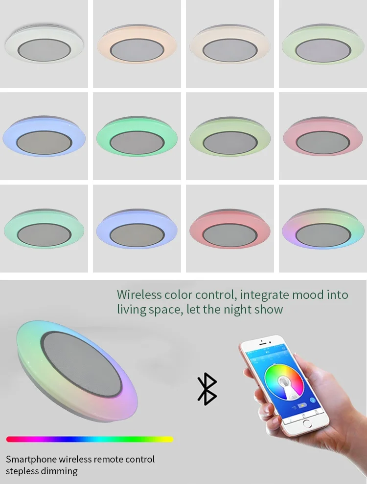 Bedroom 36W RGBW Dimmable Lighting Smart Control Round Music Ceiling Lamp With Blue Tooth Speaker