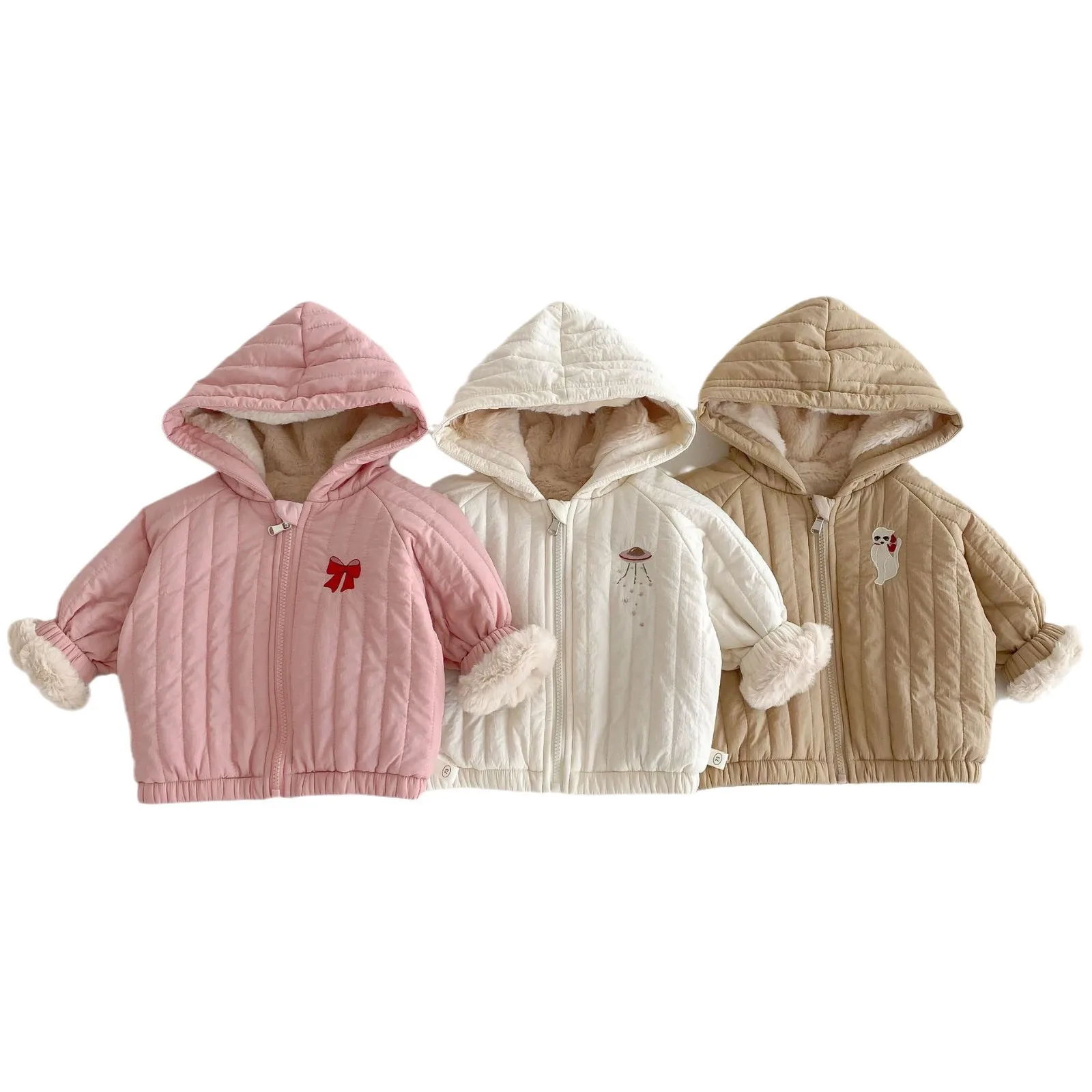 Factory Wholesale Solid Color Cute Cats Pattern Baby Girl Hooded Coat Down Jacket