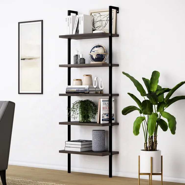 Hot selling modern 5-Shelf Oak Wood Modern Bookcase Open Wall Mount Ladder Bookshelf with Industrial Black Metal Frame