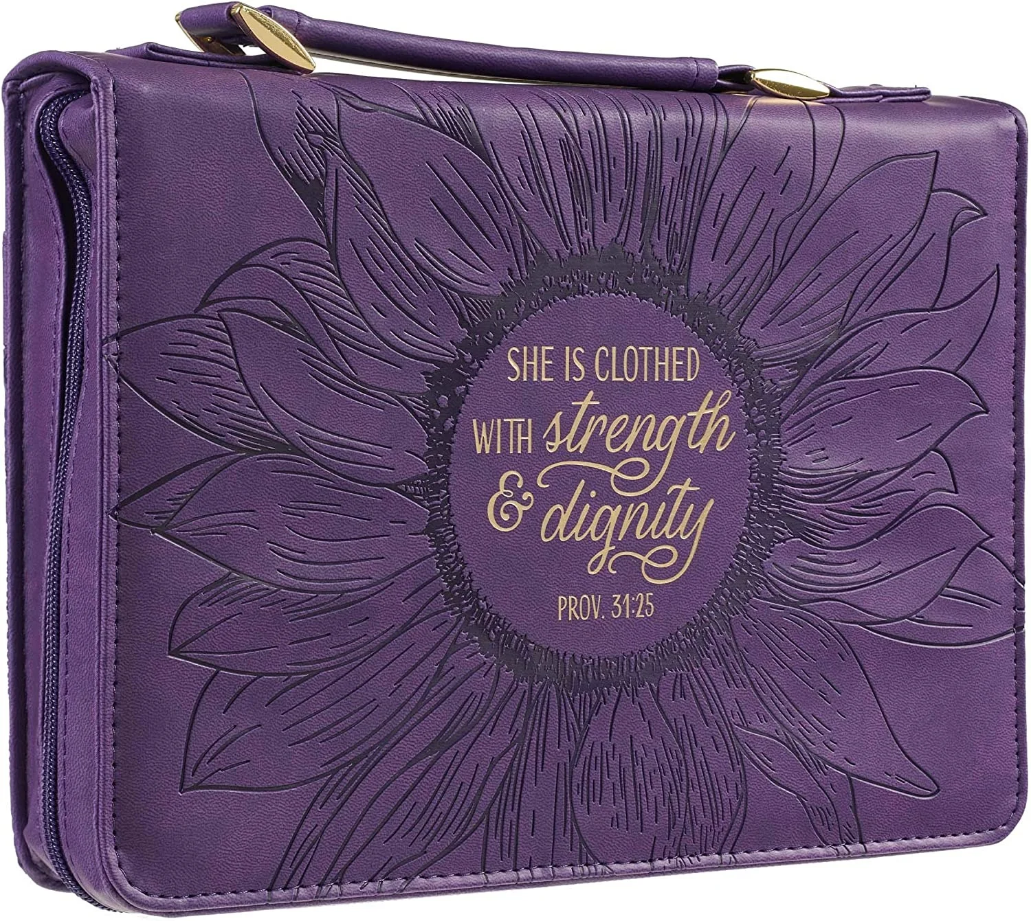Christian Art Gifts Women Fashion Bible Cover Strength and Dignity Proverbs 31:25 Purple Gold Sunflower Faux Leather Large
