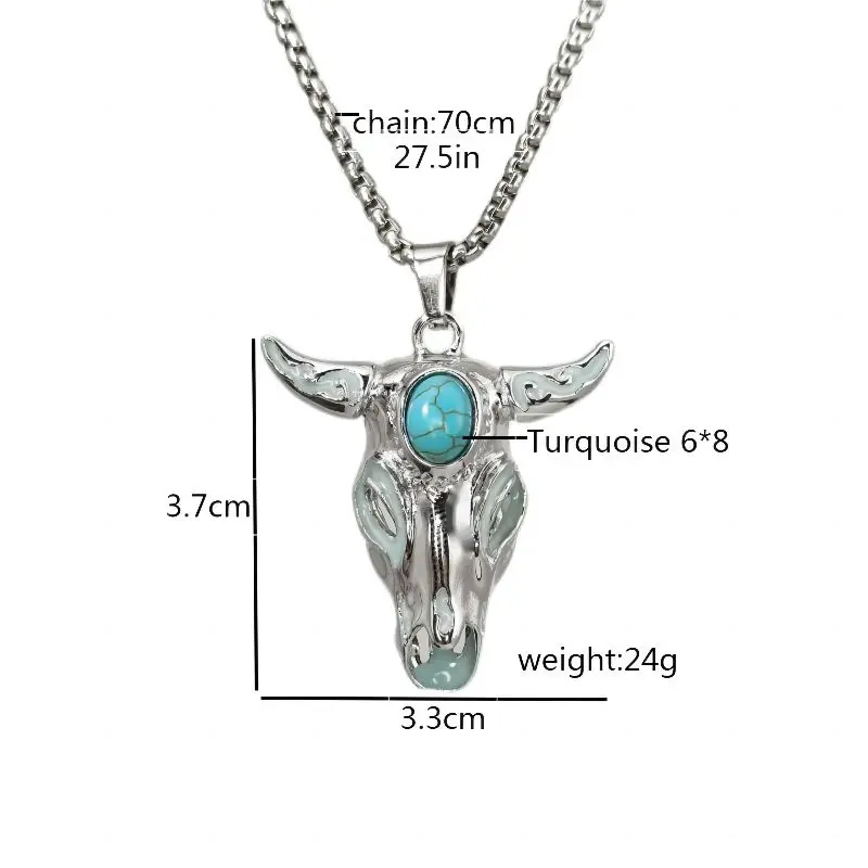 Luminous Skull Cow Head Night Lights Pendant Necklaces for Men Turquoise Glow in the Dark Cow Necklace