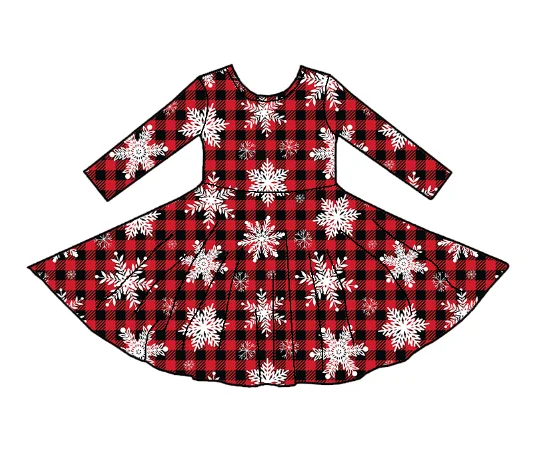 Qingli OEM Toddler Baby Girls Unique snowflake check Print Twirl Dress Long Sleeve Casual Fall Winter girl dresses