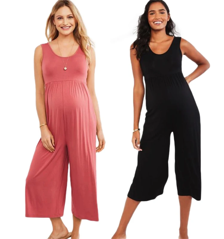 Pregnant Women Jumpsuit Simple Ladies Jumpsuits Solid Color Wide Leg Pants Cropped Pants Maternity