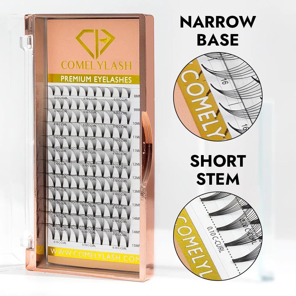 Comelylash Thin Premade Fans 12D .03 Long Stem 0.05 Premade Fan Eyelash Extension L Curl Premade Fans Pointy Base