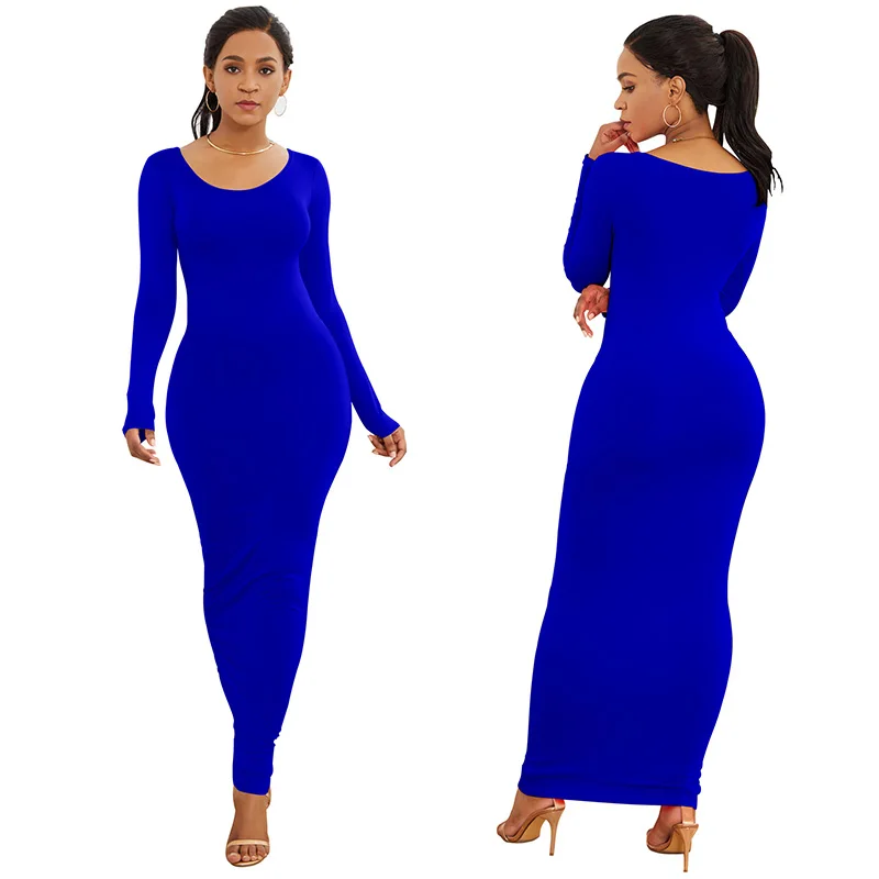 Fashion Elegant Long Sleeve Solid Color Round Collar Floor Length Bodycon Dress Women