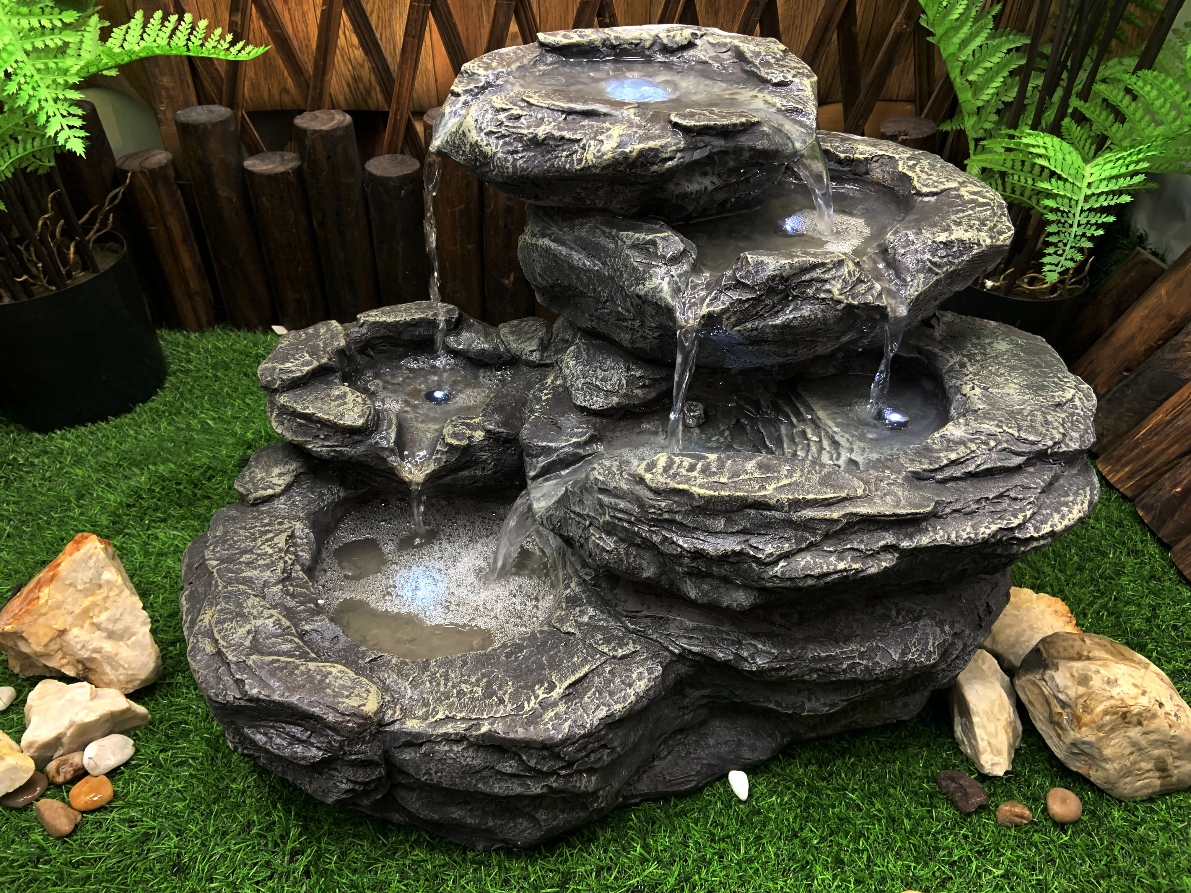 Cement Fiberglass Outdoor Electric Tiered Stone Waterfall water feature  with LED Light