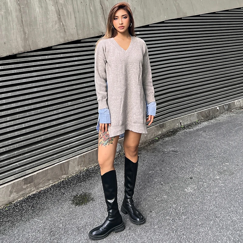 TWOTWINSTYLE Patchwork Colorblock Womens Sweater V Neck Long Sleeve Korean Fashion Pullovers