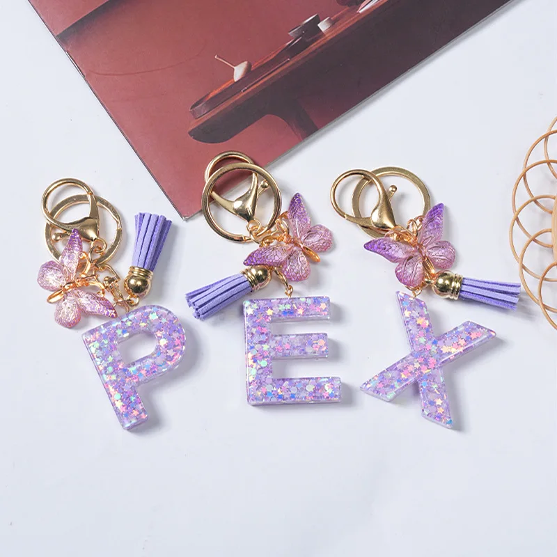 Fashion Alphabet Initial Letter Keychain Tassel Butterfly Pendant Key Ring for Purse Handbags Women Girl