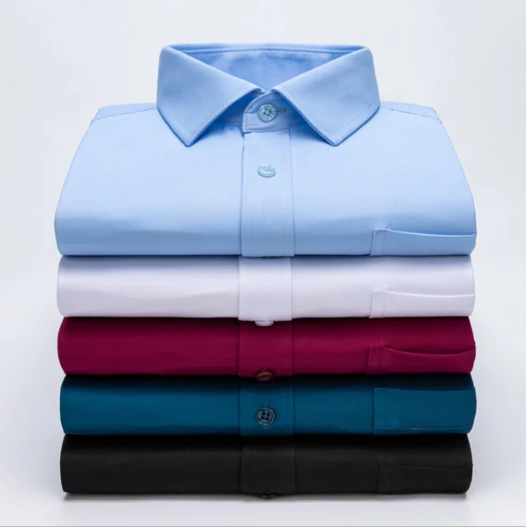 Рубашка мужская стрейчевая, длинный рукав, однотонная приталенная, тонкая деловая Повседневная, однотонная