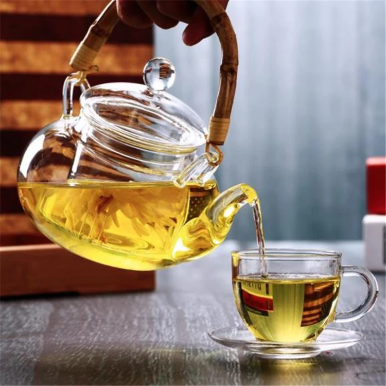 20oz 600ml Transparent Borosilicate Glass Teapot with Classic Antique Bamboo Handle Heat-Resistant Coffee Drinkware Set