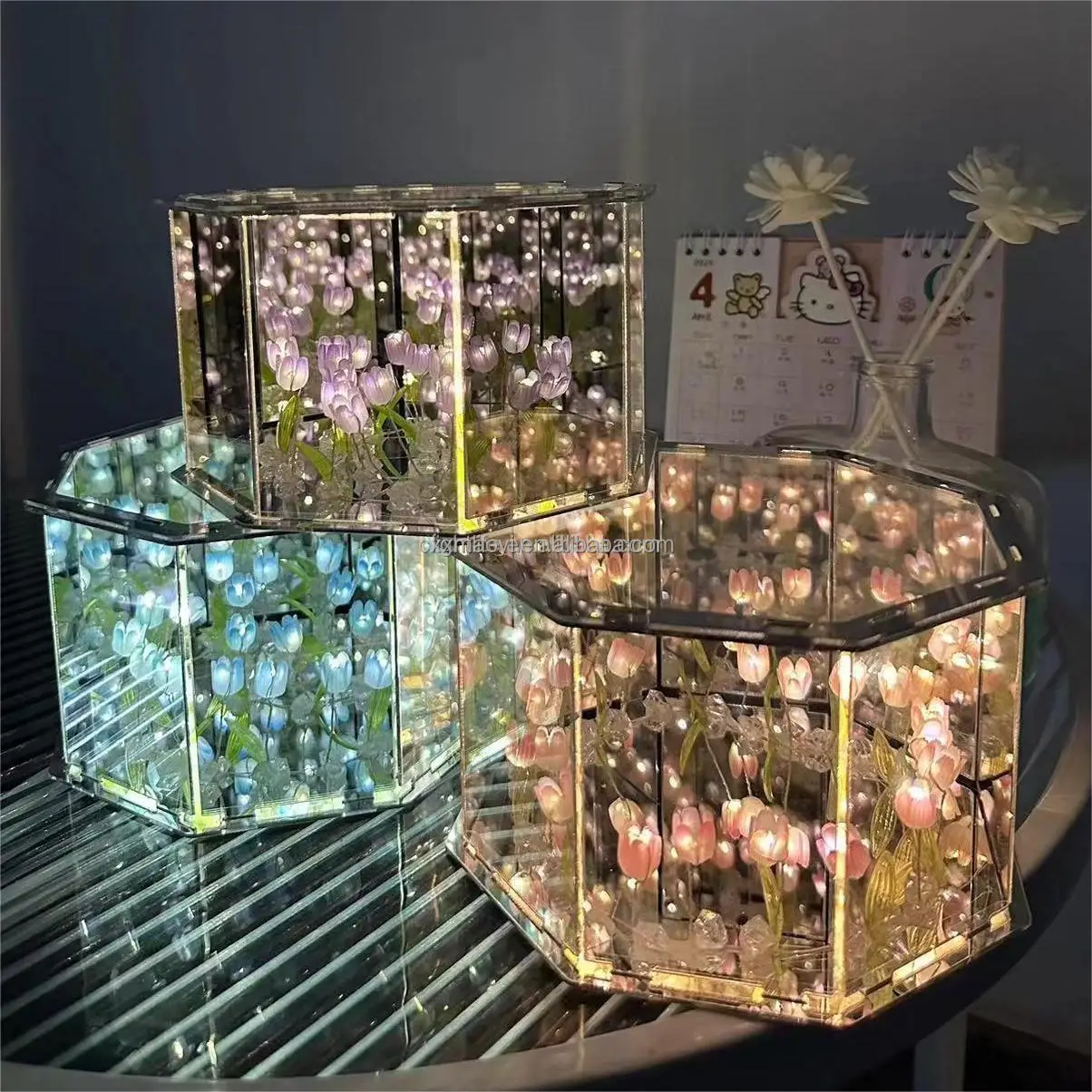 Handmade DIY Tulip Cube Night Light Artificial Lampara de Tulipanes Home Decor Octagon Infinite Tulip Lamp Box