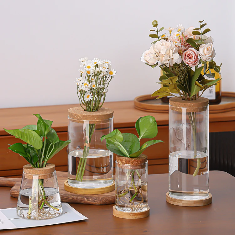 Custom 500ml Glass Terrarium Vase Propagation Vase Containers with Cork Wooden Saucer for Hydroponic Plants Tabletop Decoration