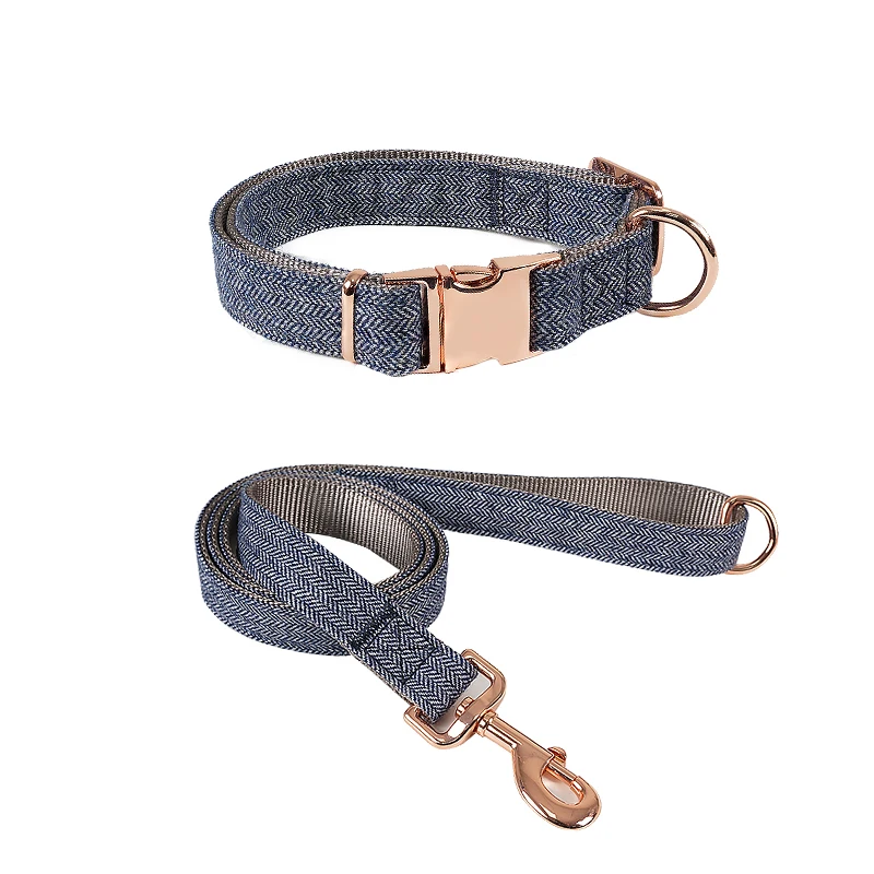 Wholesale Fashion Durable Gold Rose Twill Fabric Pet Dog Leash Lead Collar Set for Walking Running