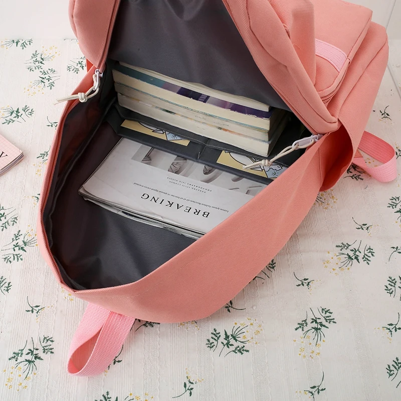 Custom logo canvas multiple pocket student tote kids college 5pcs Set side bags girls backpack for teenagers