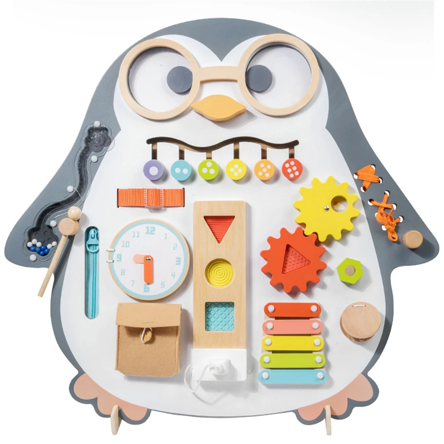 2312 Wooden Penguin Double Sided Busy Board Wooden Kids Educational Toys