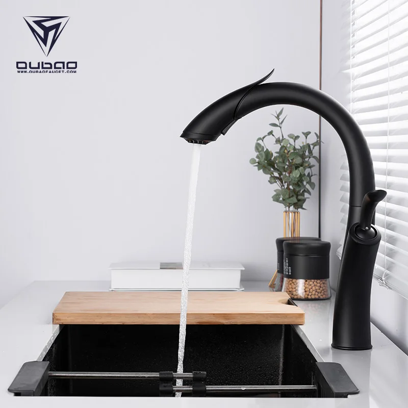 OUBAO Unique North American Style Mixer Gooseneck Black Faucet Pull Down Kitchen Faucet Taps