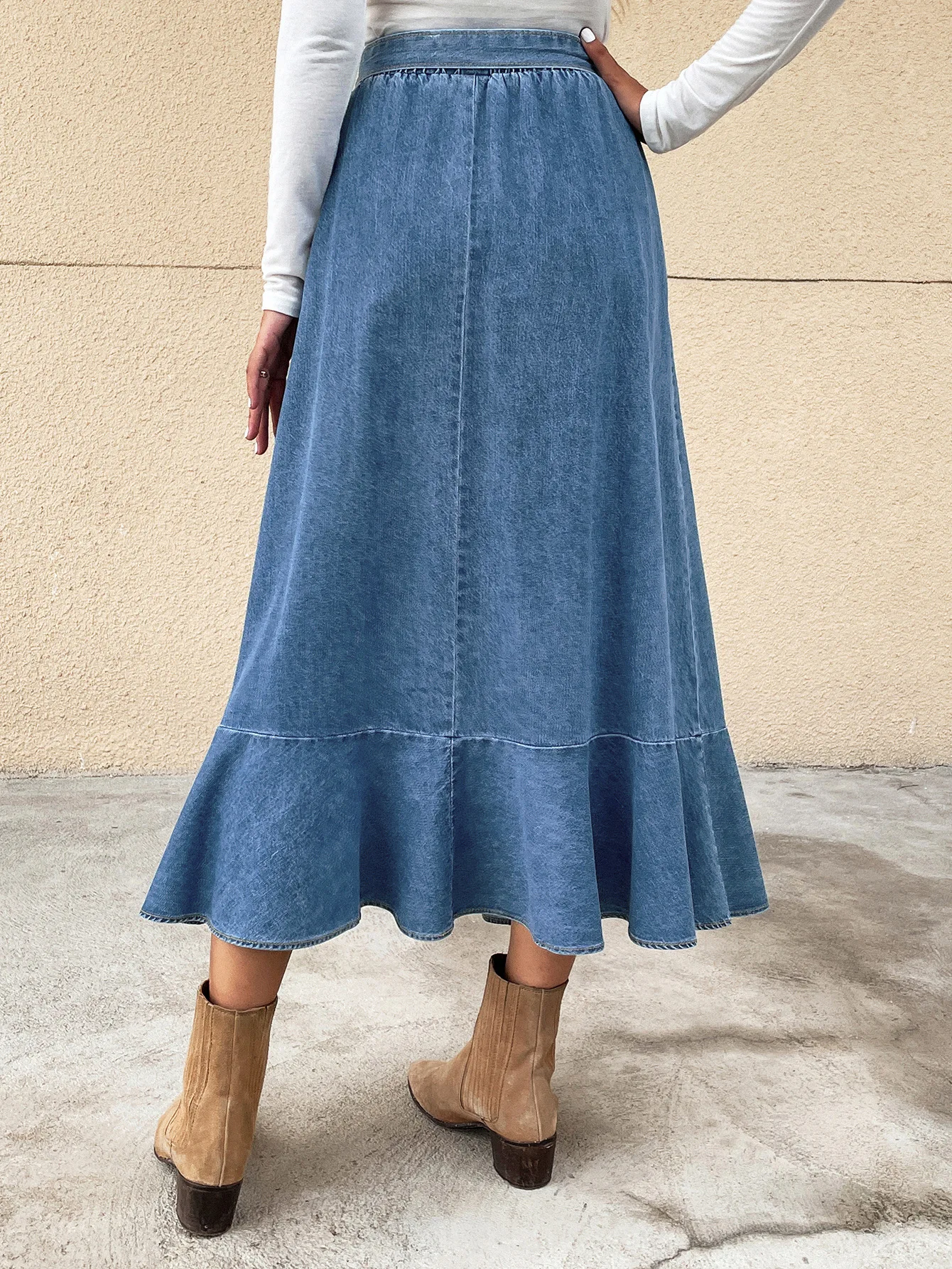 Wholesale European and American Casual Denim Skirt For Women High waist Long Ruffled Pleated Skirt