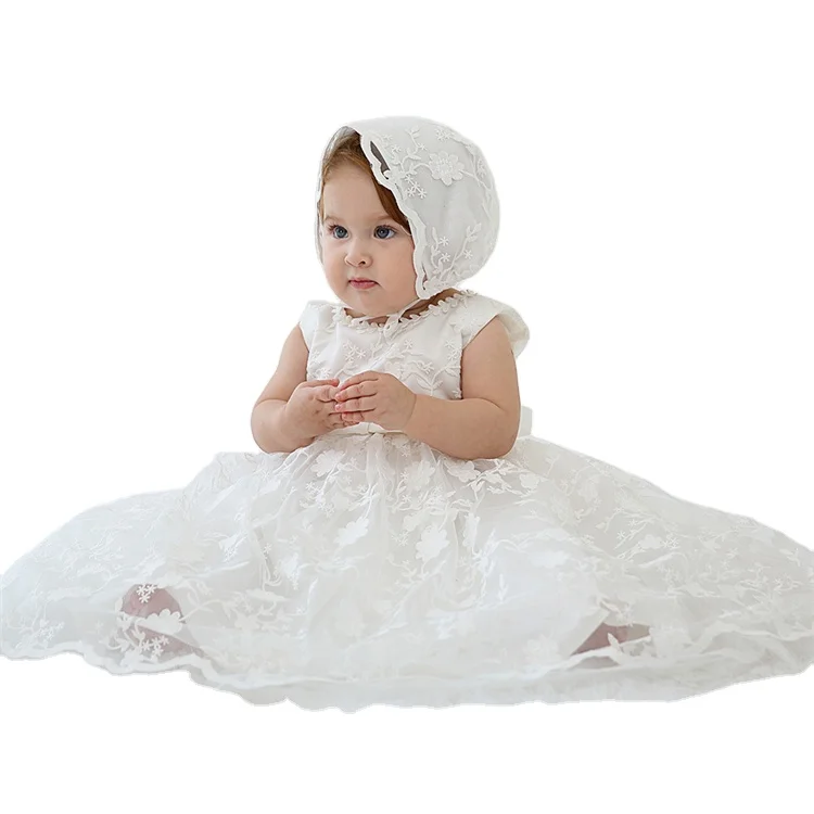Custom Boutique Infant Girl Clothing White Sleeveless Frock Design Lace Baptism Dress Baby Girls Christening Dress