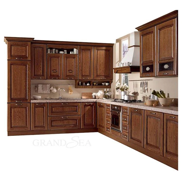 American Classical Style High Quality Espresso Solid Wood Kitchen Cabinet Design