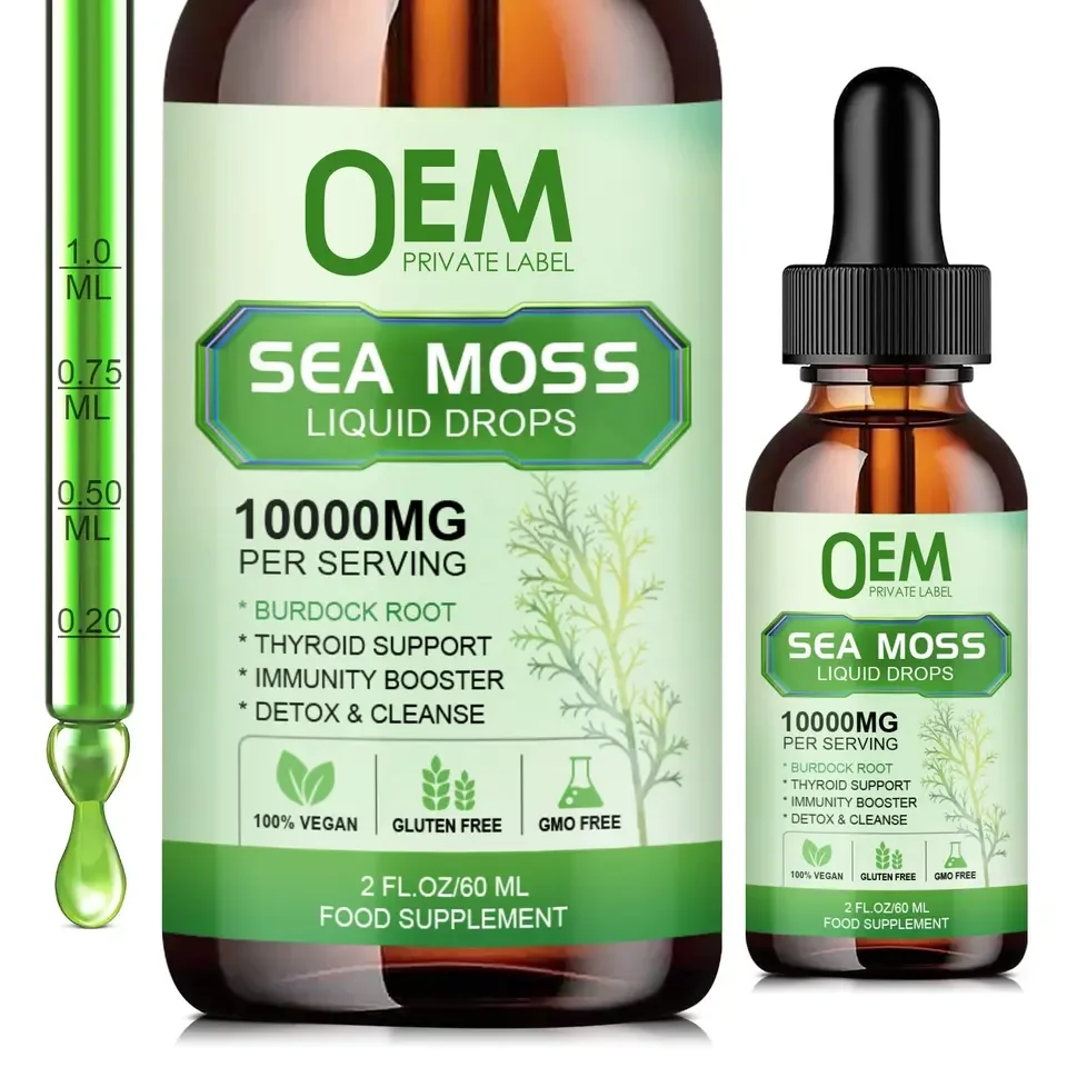Biocaro OEM Irish Sea Moss Drops Spirulina Bladderwrack and Burdock Root Drops Sea Moss Liquid for Thyroid Support Detox Cleanse
