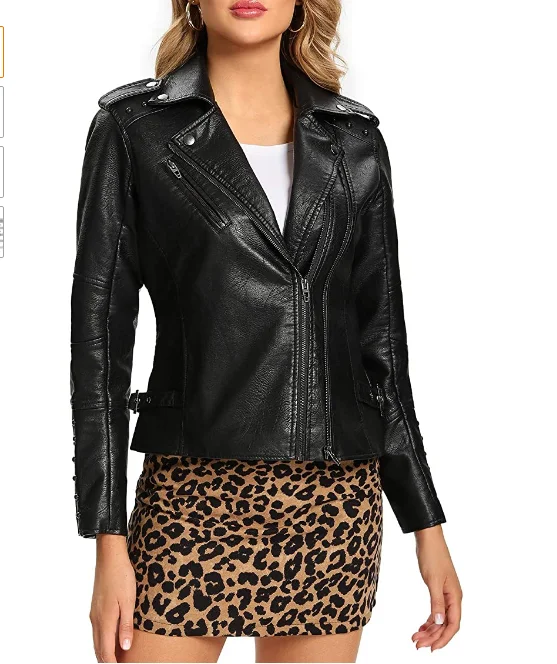 womens Vegan Leather Moto Jacket With Pocket Detail, Comfortable & Stylish Coat
