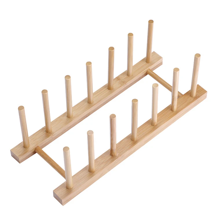 SANIPRO Supermarket Durable Bamboo FreeStanding Cup Drying Holder Dish Drainer Wooden Kitchen Utensil Plate Storage Racks