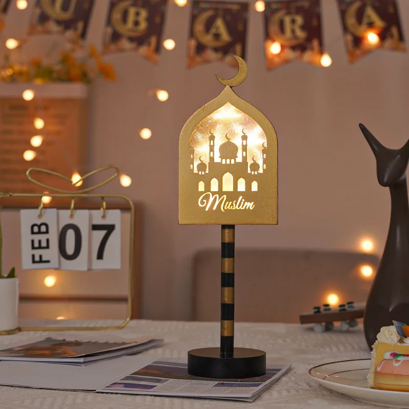Muslim Craft Table Decoration Eid Mubarak LED Light Lamp Bedroom Holiday Table Lamp Wooden Ramadan Night Light Muslim Decorative
