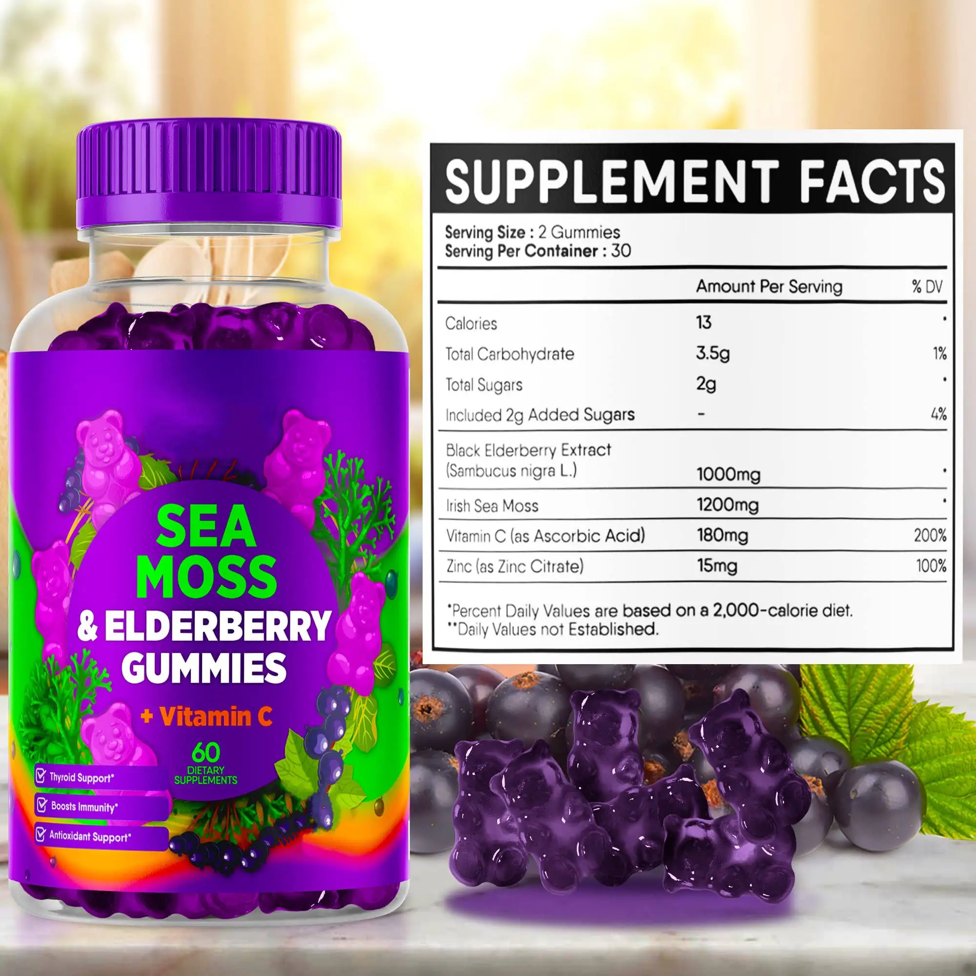 Private Label Sea Moss Elderberry Gummies Vitamin C Zinc Strength Immune Detox Energy