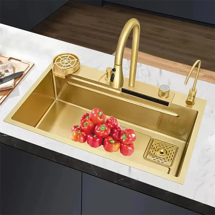 Smart Stainless Steel Nano Step Dark Grey Sink kitchen Temperature Display Piano Key Waterfall Kitchen Sink without electricity