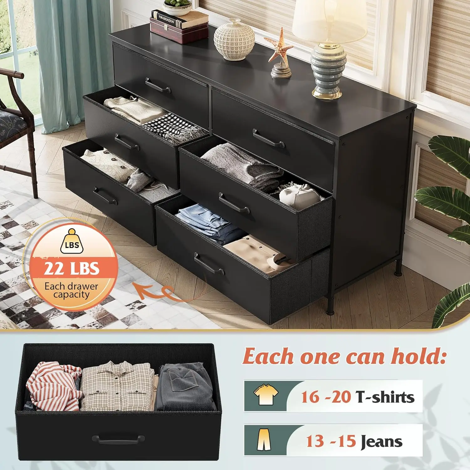 Dresser with 6 Drawers Dresser For Bedroom Living Room TV Stand Sturdy Steel Frame with Wooden Top Large Storage Drawer